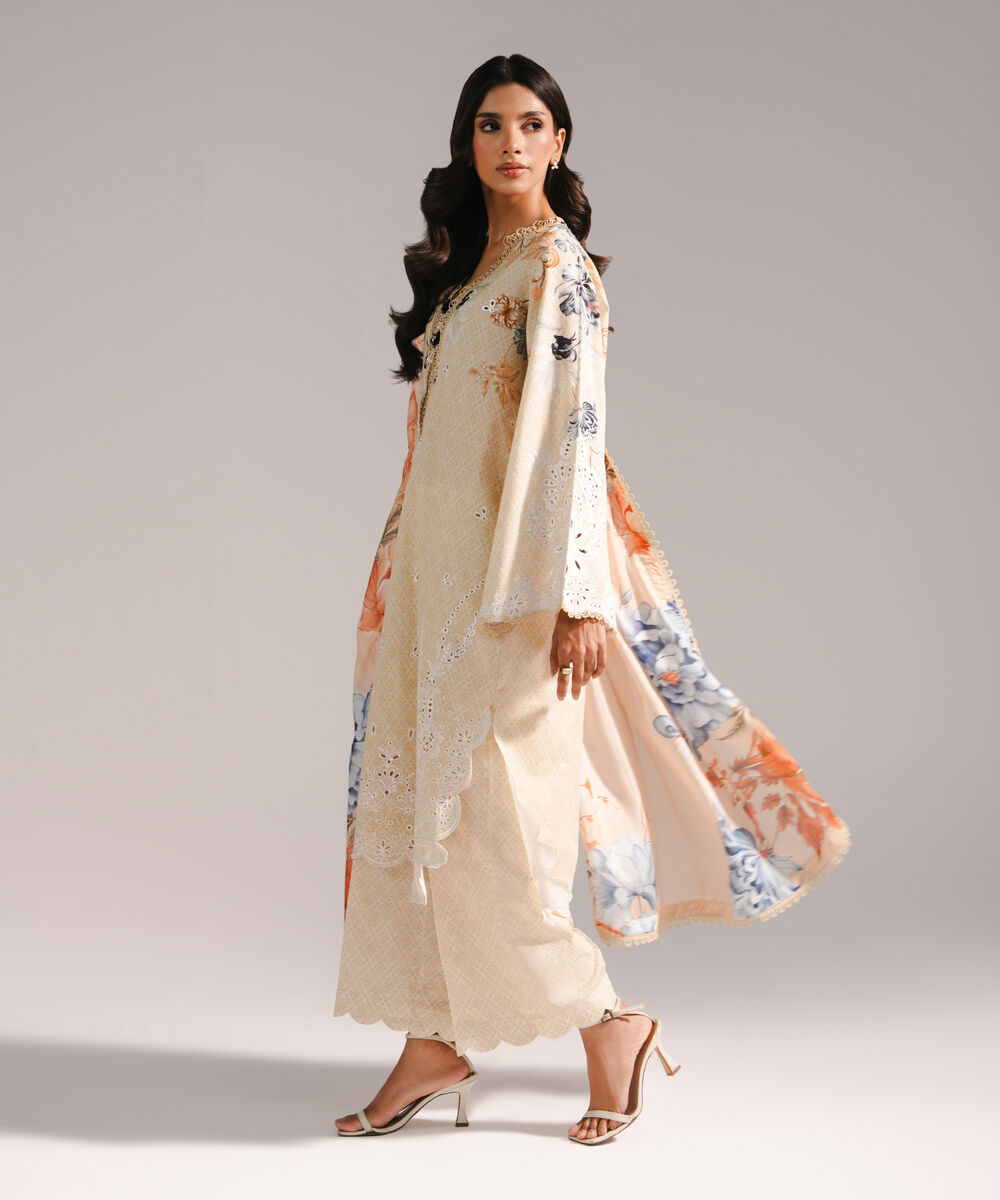 Women's RTW Self Jacquard Embroidered Beige 3 Piece Suit