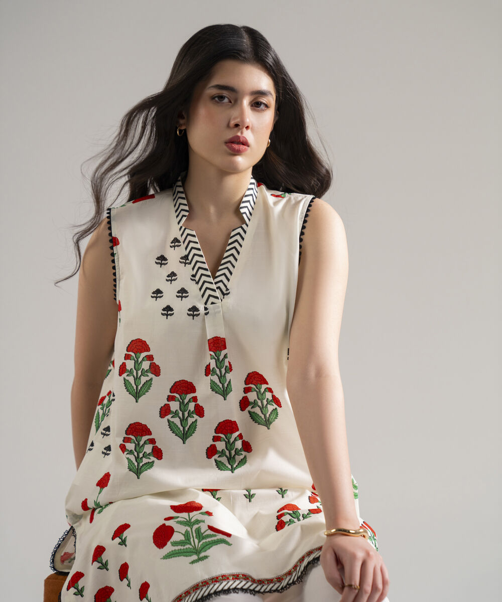 Women's RTW Slub Lawn Printed White Straight Shirt