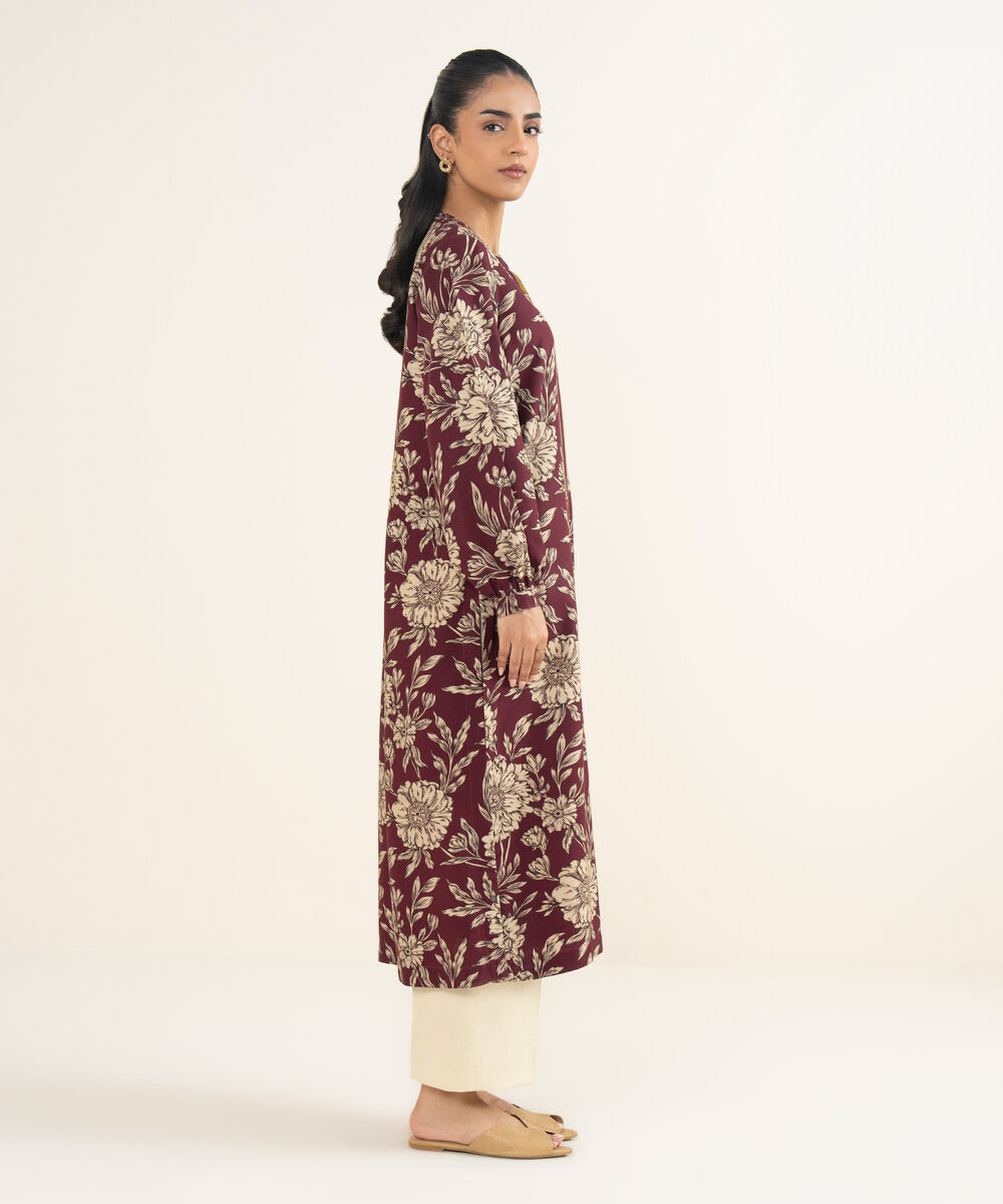 Women's RTW Herringbone Printed Maroon Front Open Jacket