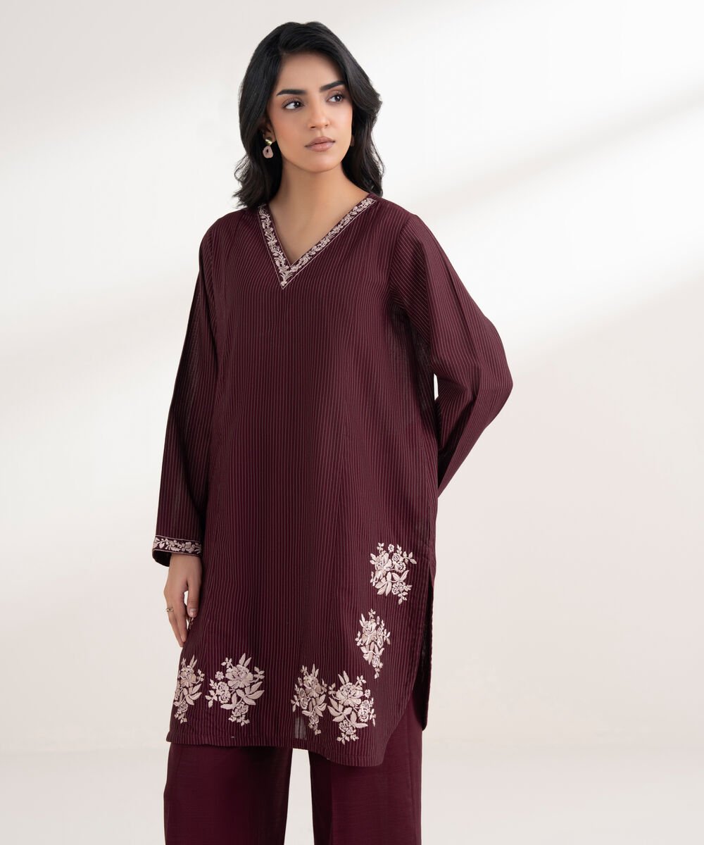 Women's RTW Zari Khaddar Embroidered Maroon Straight Shirt