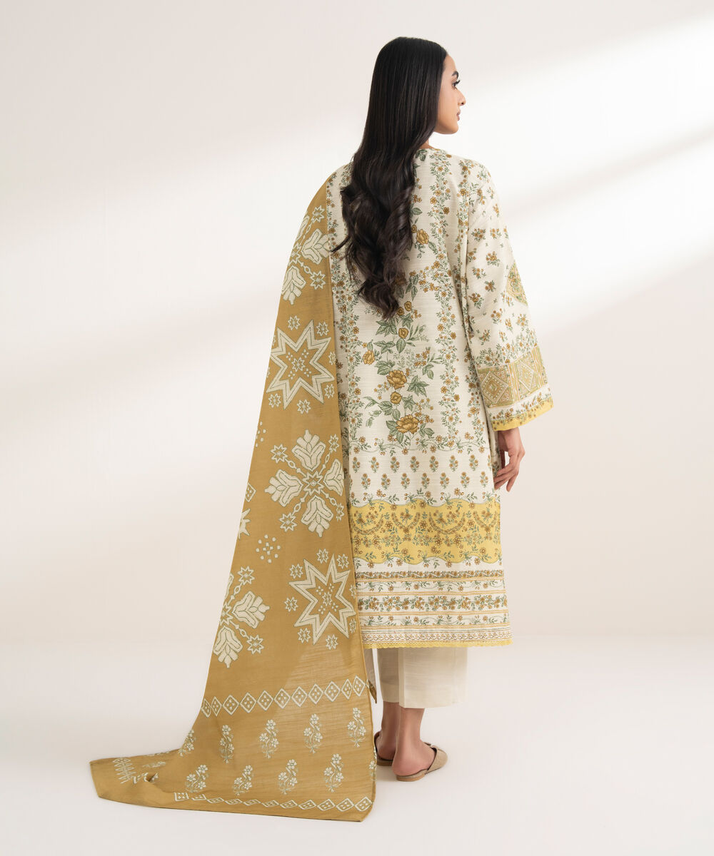 Women's RTW Khaddar Embroidered Off White 3 Piece Suit