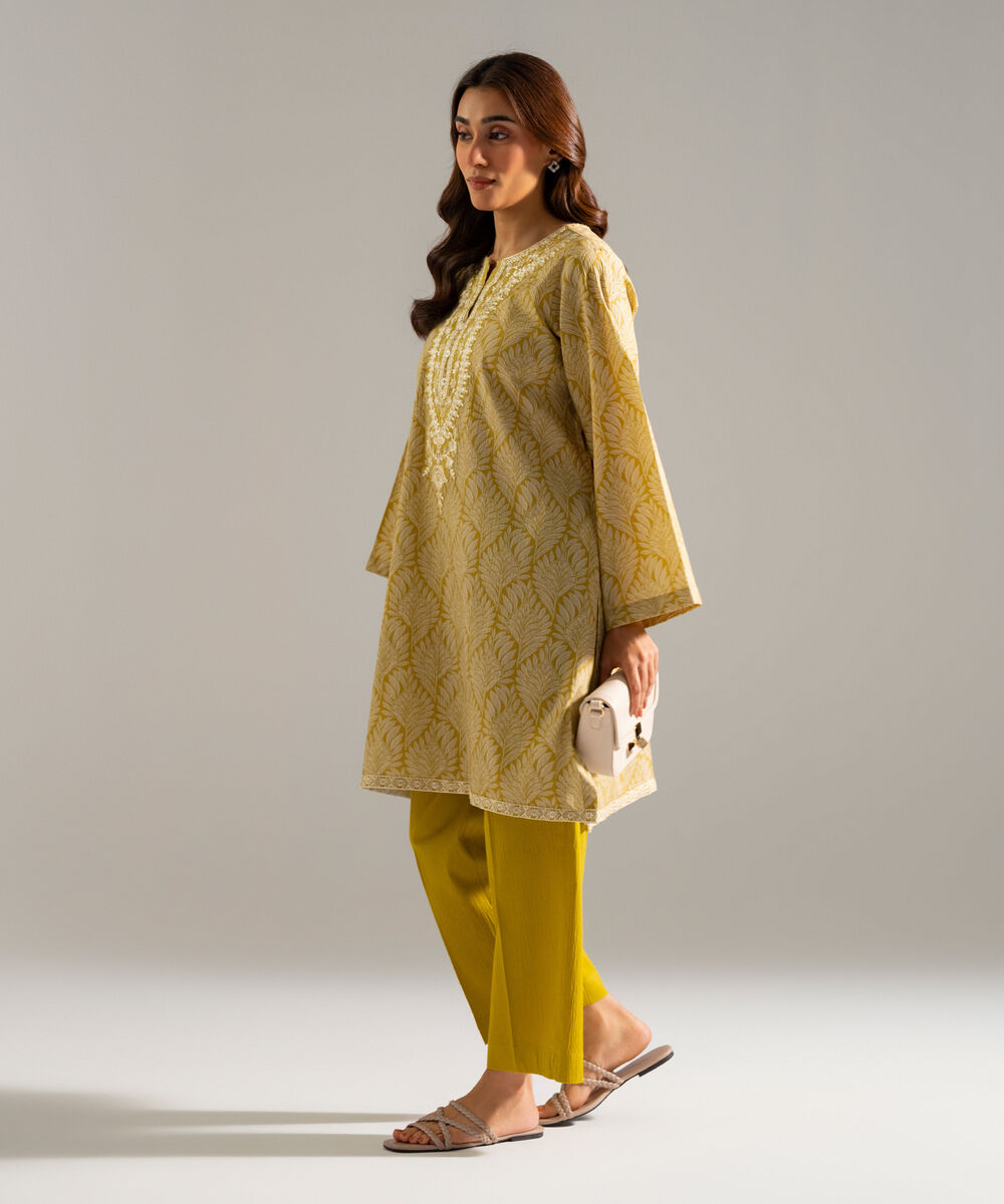 Women's RTW Seersucker Embroidered Yellow 2 Piece Suit
