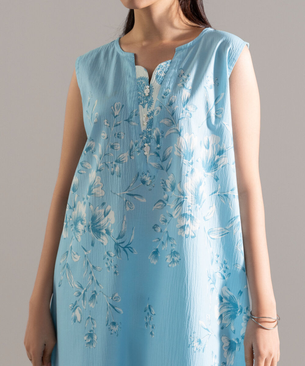 Women's RTW Seersucker Printed Blue Straight Shirt