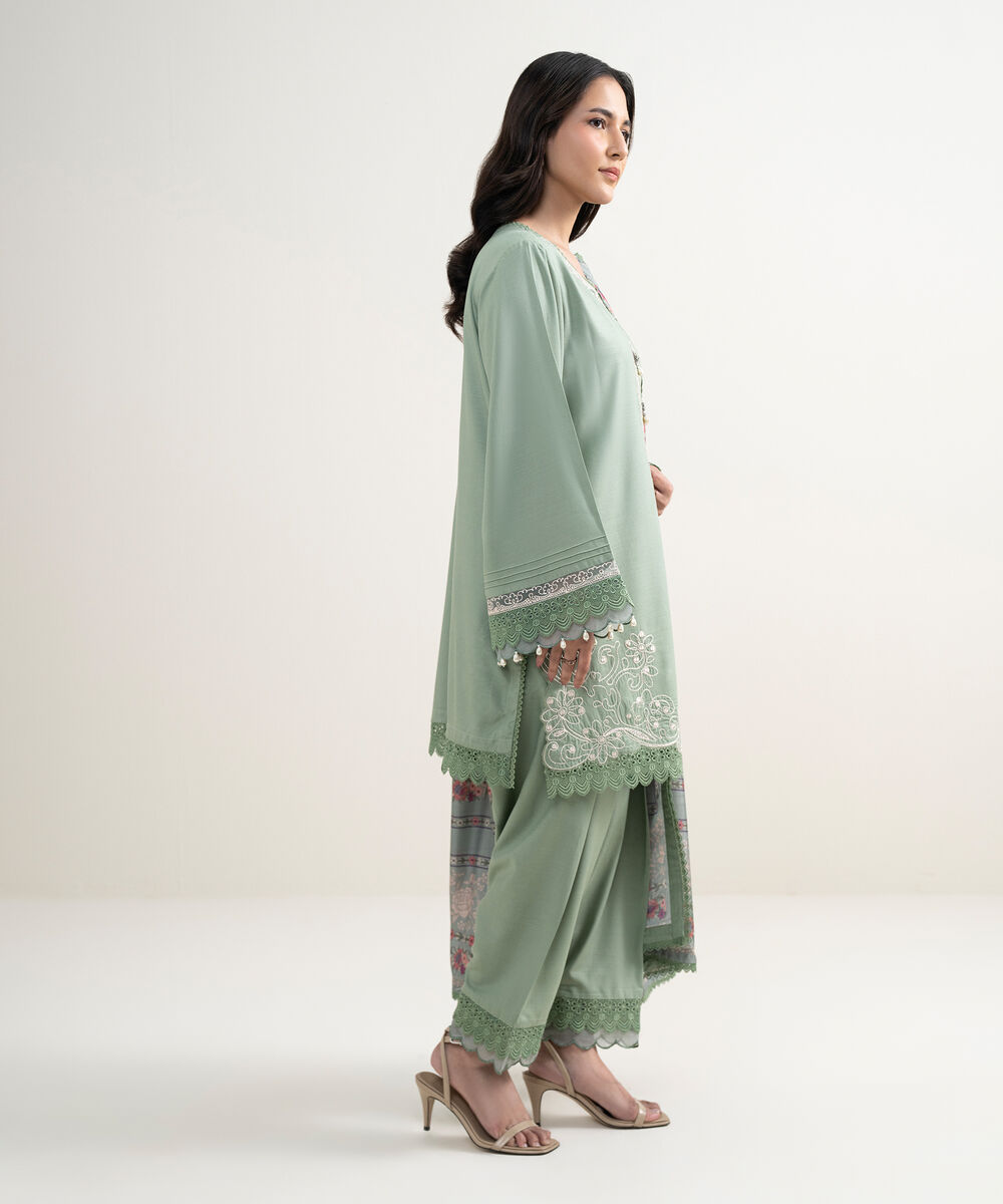 Women's RTW Cotton Viscose Embroidered Green 3 Piece Suit