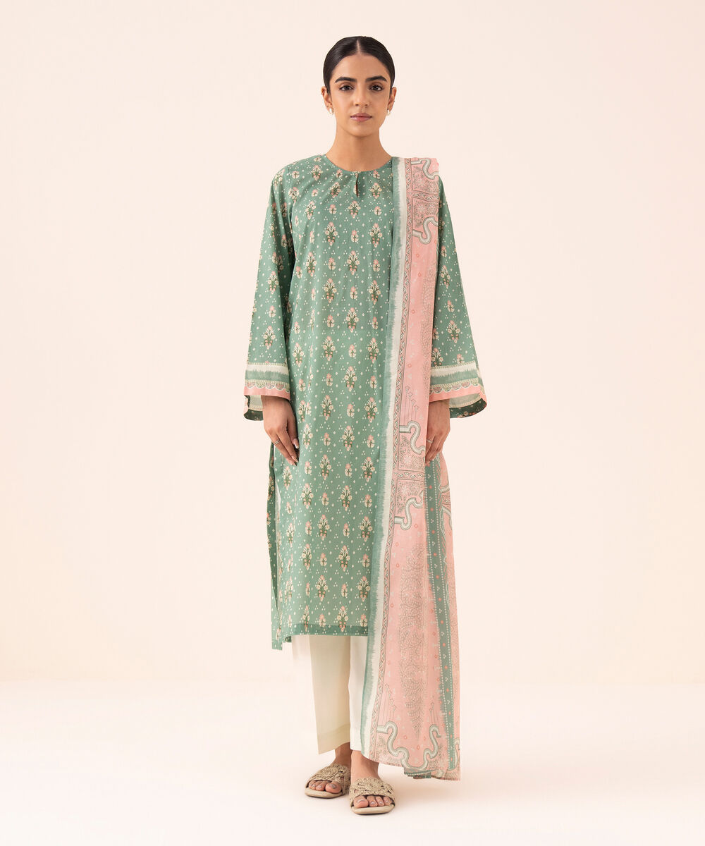 Women's Unstitched Cotton Printed Pink Three Piece Suit