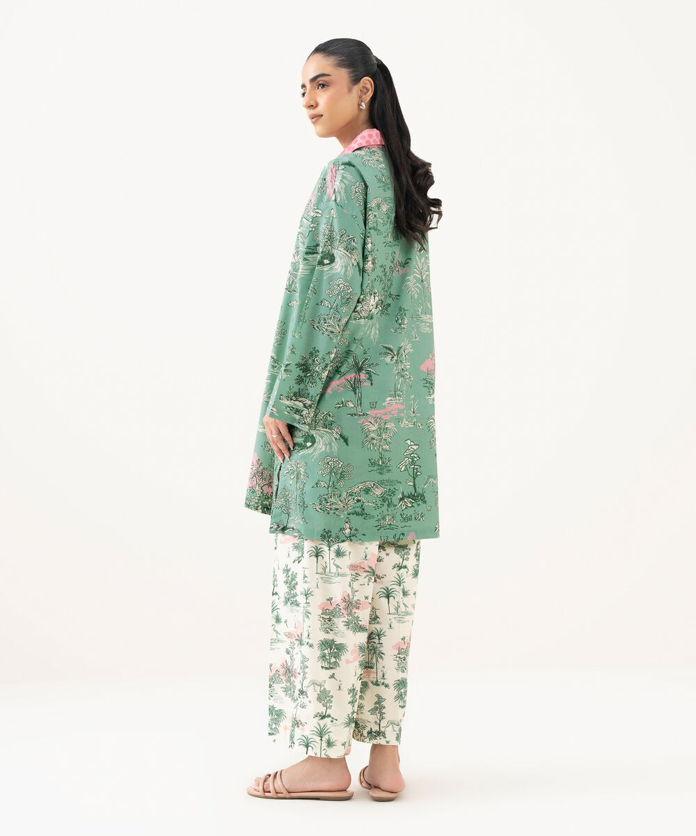 Women's RTW Lawn Printed Green Drop Shoulder Shirt