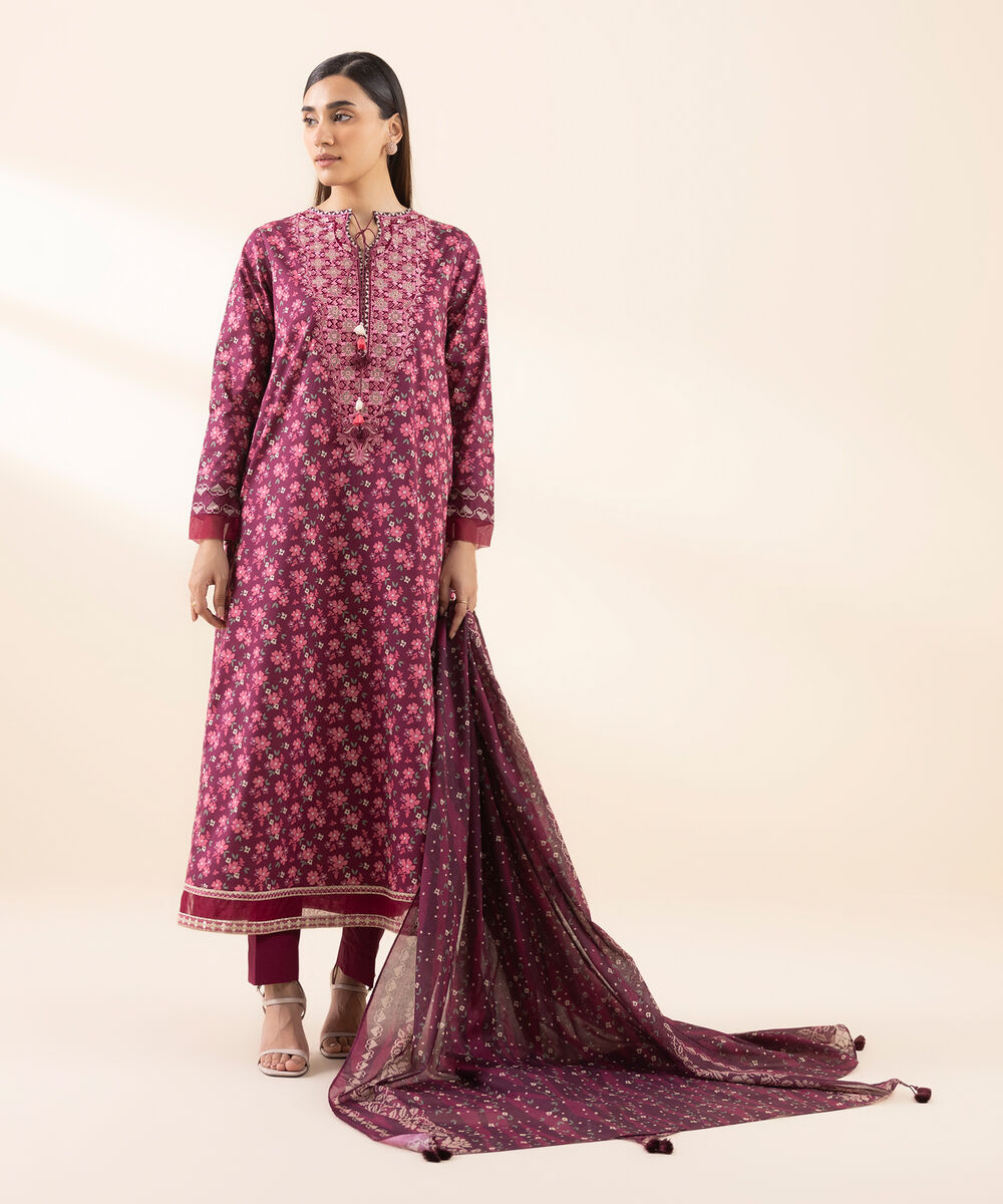Women's Unstitched Lawn Embroidered Pink 3 Piece Suit