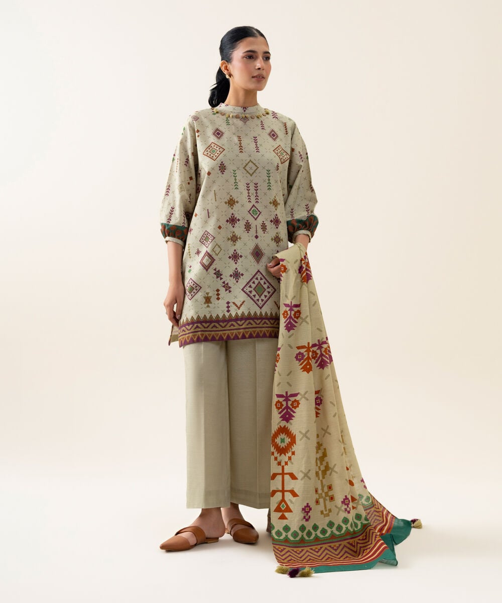 Womens Unstitched Premium Khaddar Printed Beige 3 Piece Suit