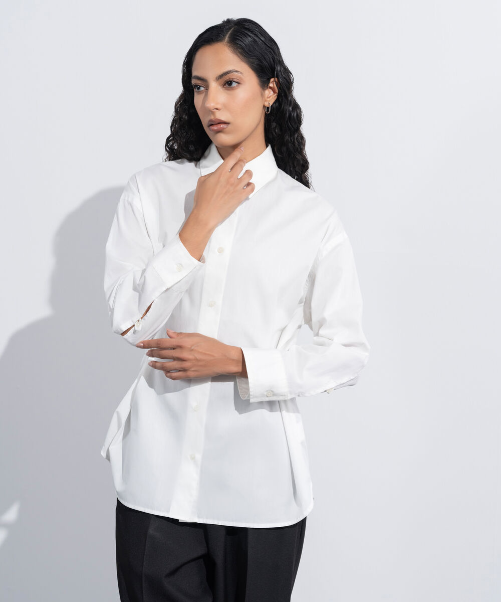 Women's Western Wear White Cinched Waist Button Through Shirt