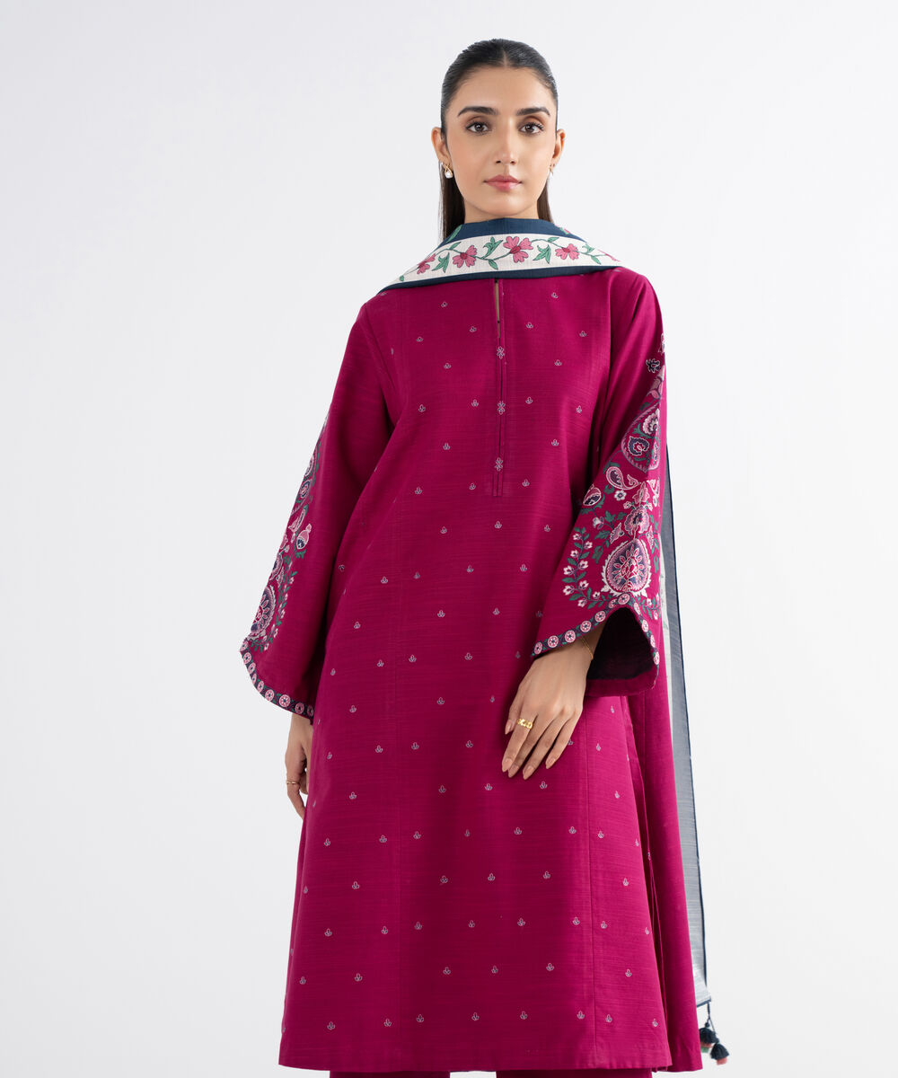 Women's Unstitched Khaddar Embroidered Pink 3 Piece Suit