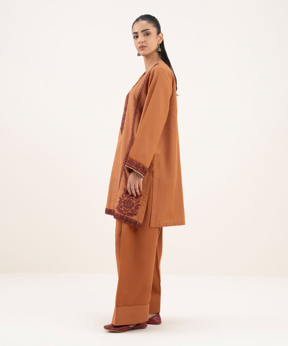 Women's RTW Cotton Embroidered Straight Orange Shirt