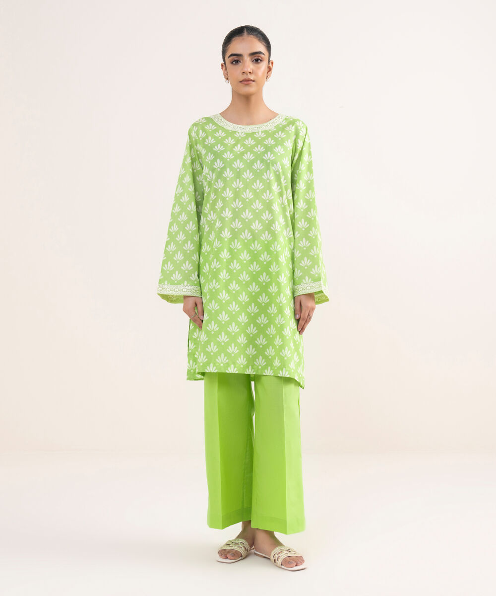 Women's RTW Lawn Green Embroidered Straight Shirt