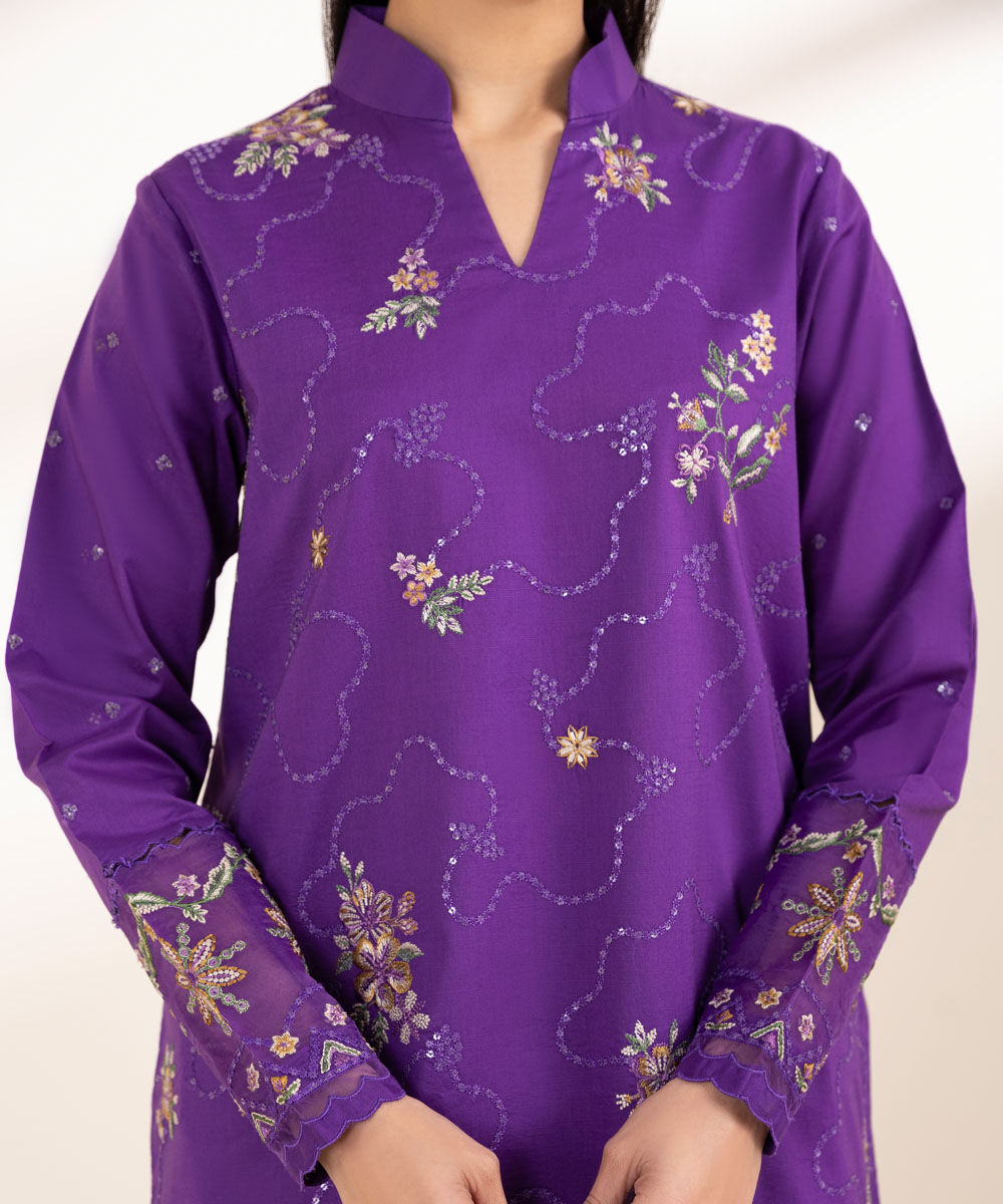 Unstitched Women's Embroidered Textured Lawn Purple Three Piece Suit