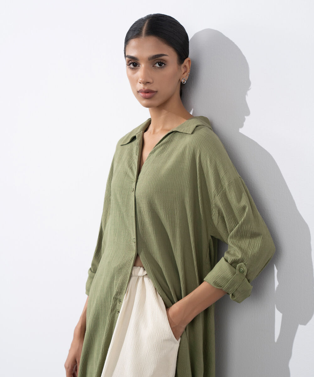 Women's Western Wear Green Seersucker Shirt Dress