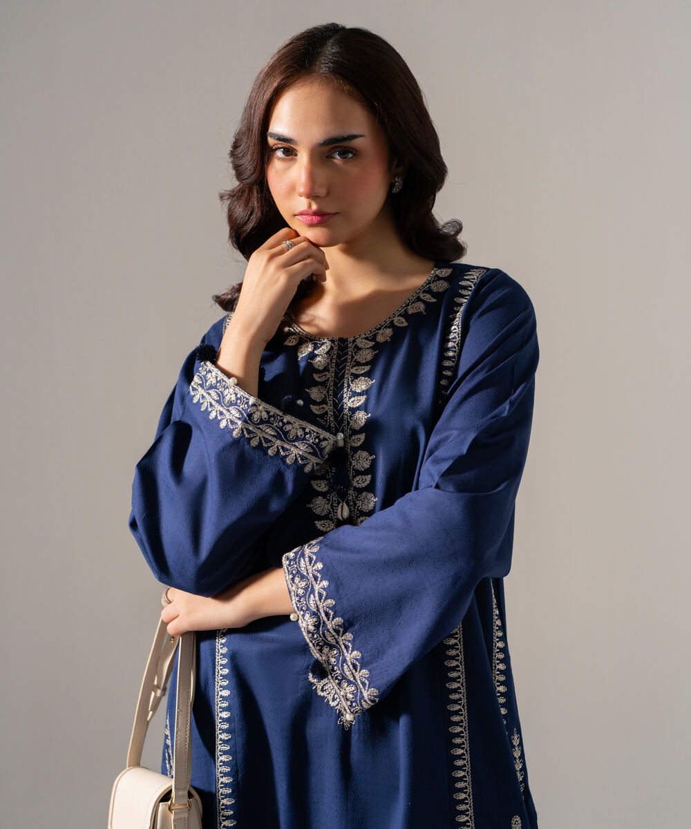 Women's RTW Dobby Solid Embroidered Blue Straight Shirt