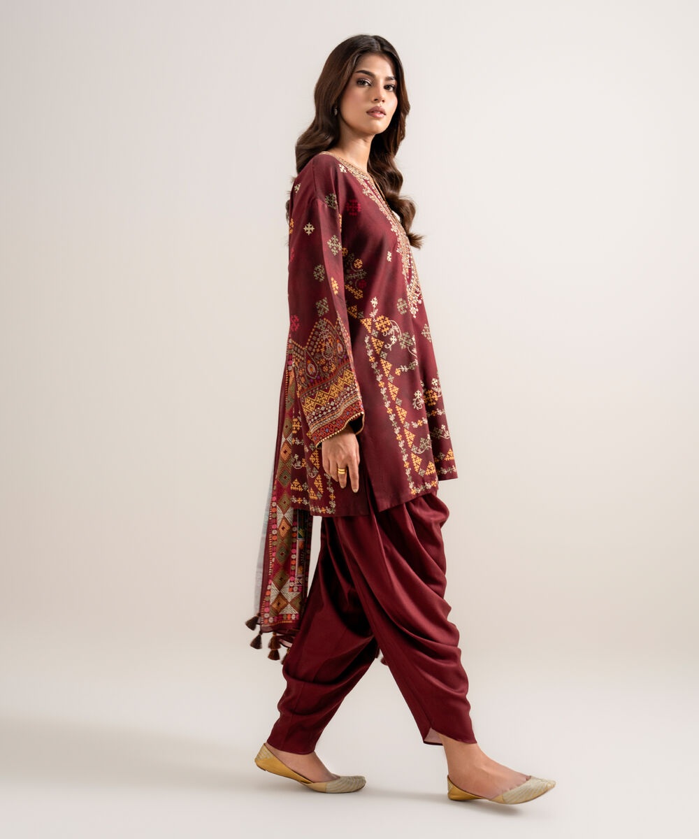Women's Unstitched Printed Linen Maroon 3 Piece Suit