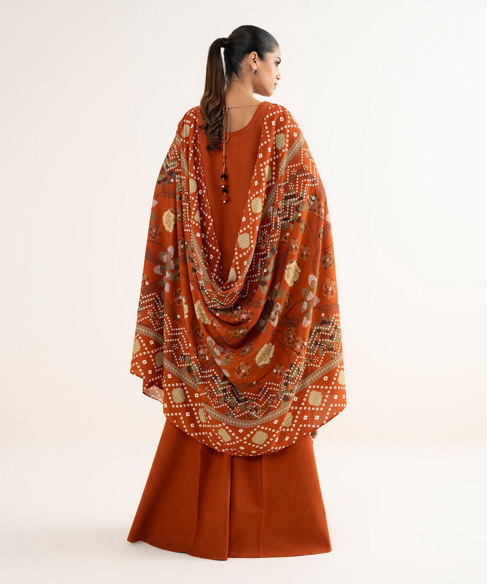 Women's Unstitched Textured Cotton Embroidered Orange 3 Piece Suit