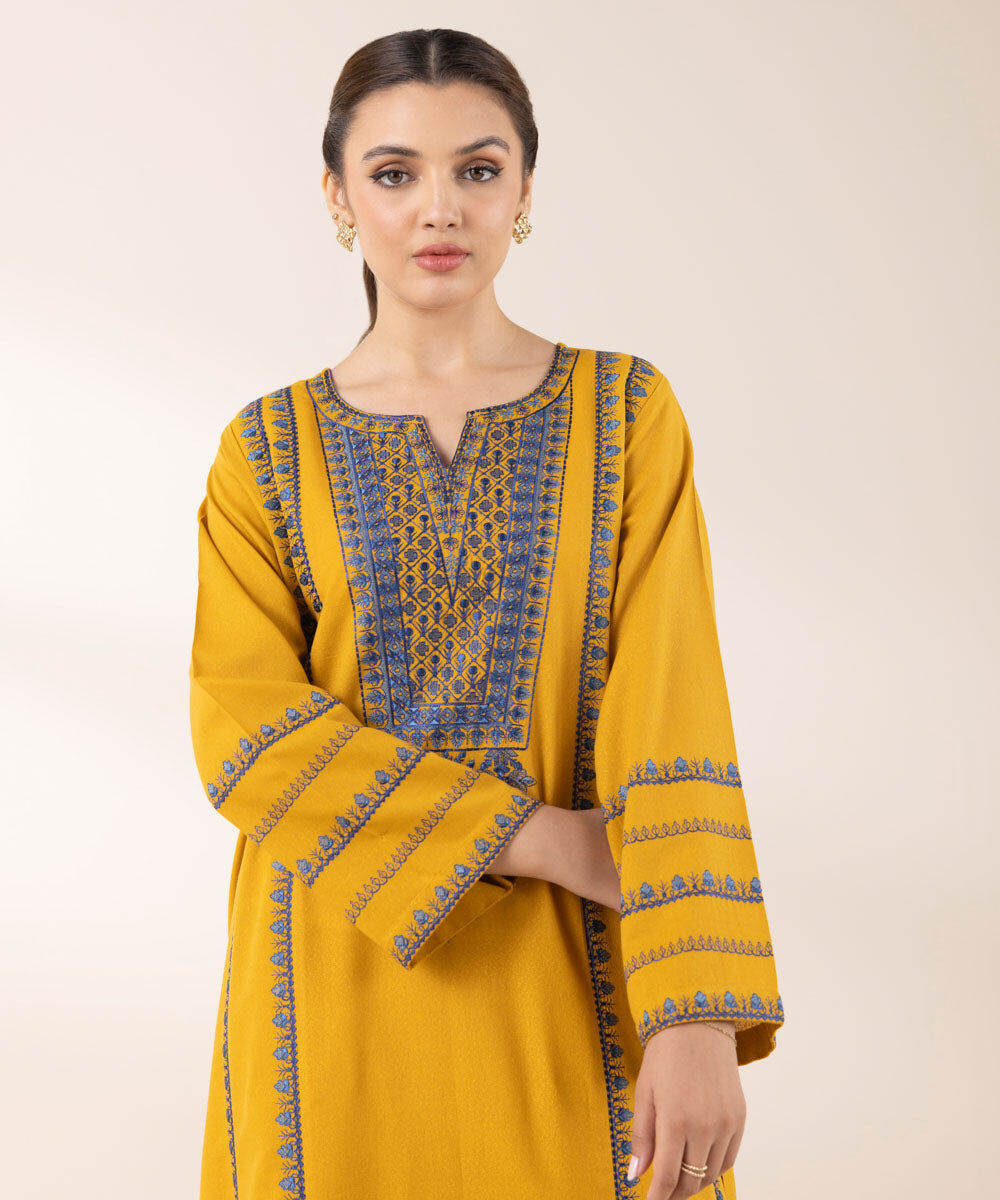 Woman - Yellow Embroidered Cotton Karandi Shirt