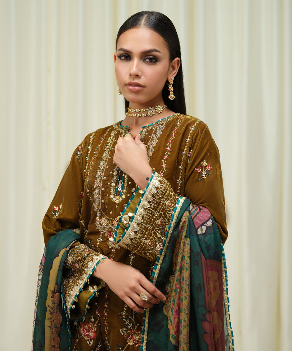 Women's Unstitched Velvet Embroidered Brown 3 Piece Suit