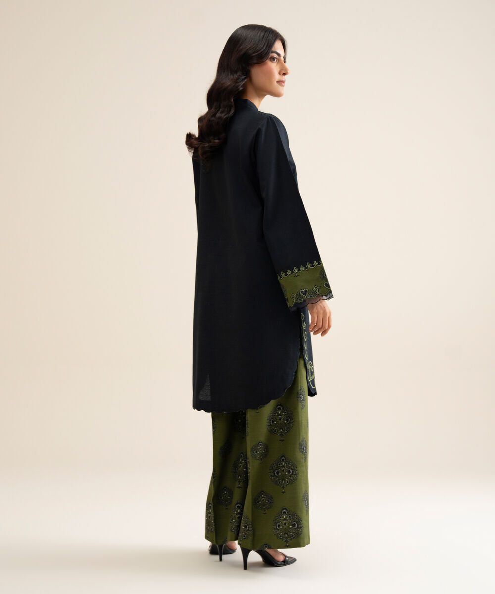 Women's Unstitched Light Khaddar Embroidered Black 2 Piece Suit