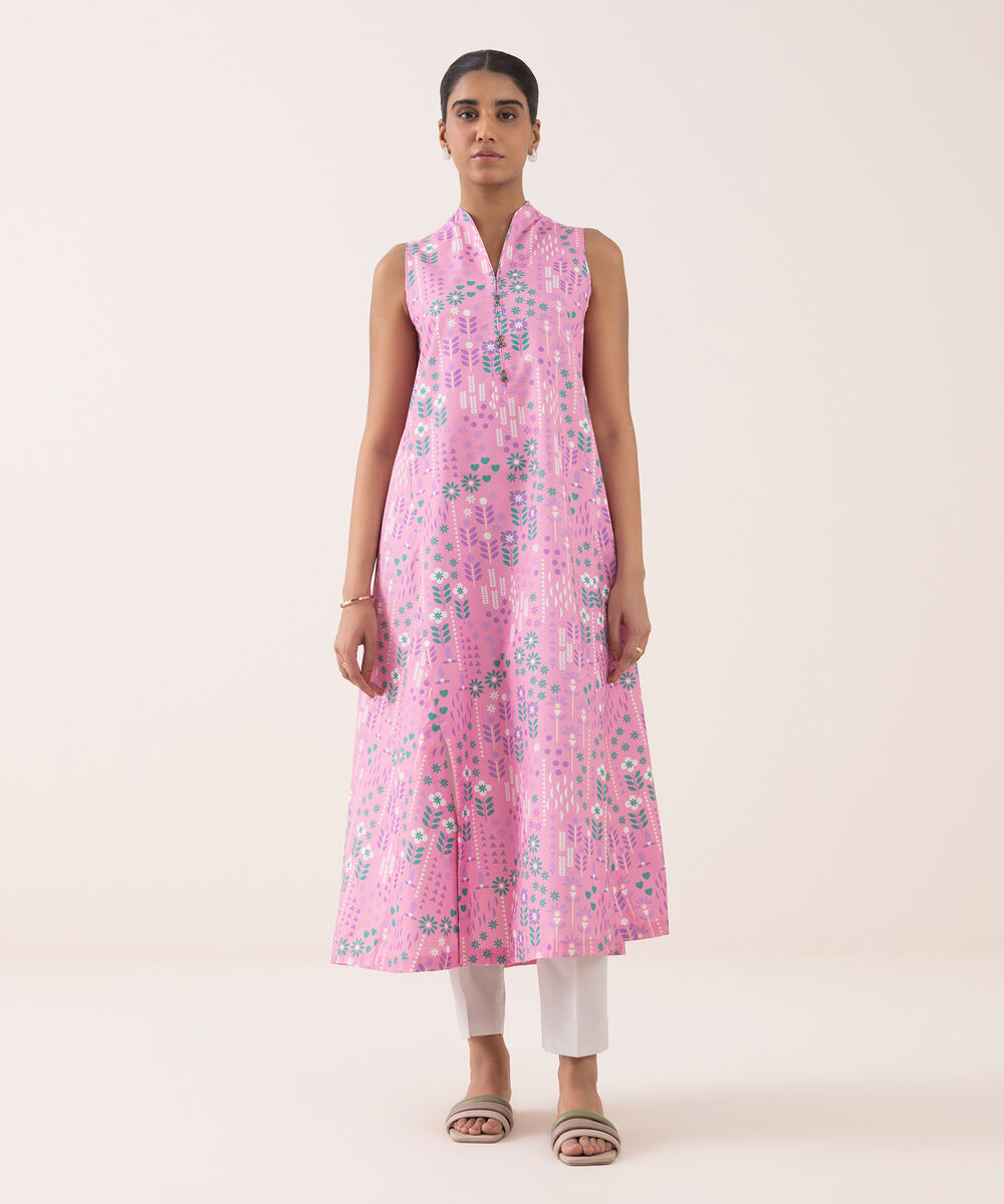 Women's Unstitched Cotton Printed Pink Shirt