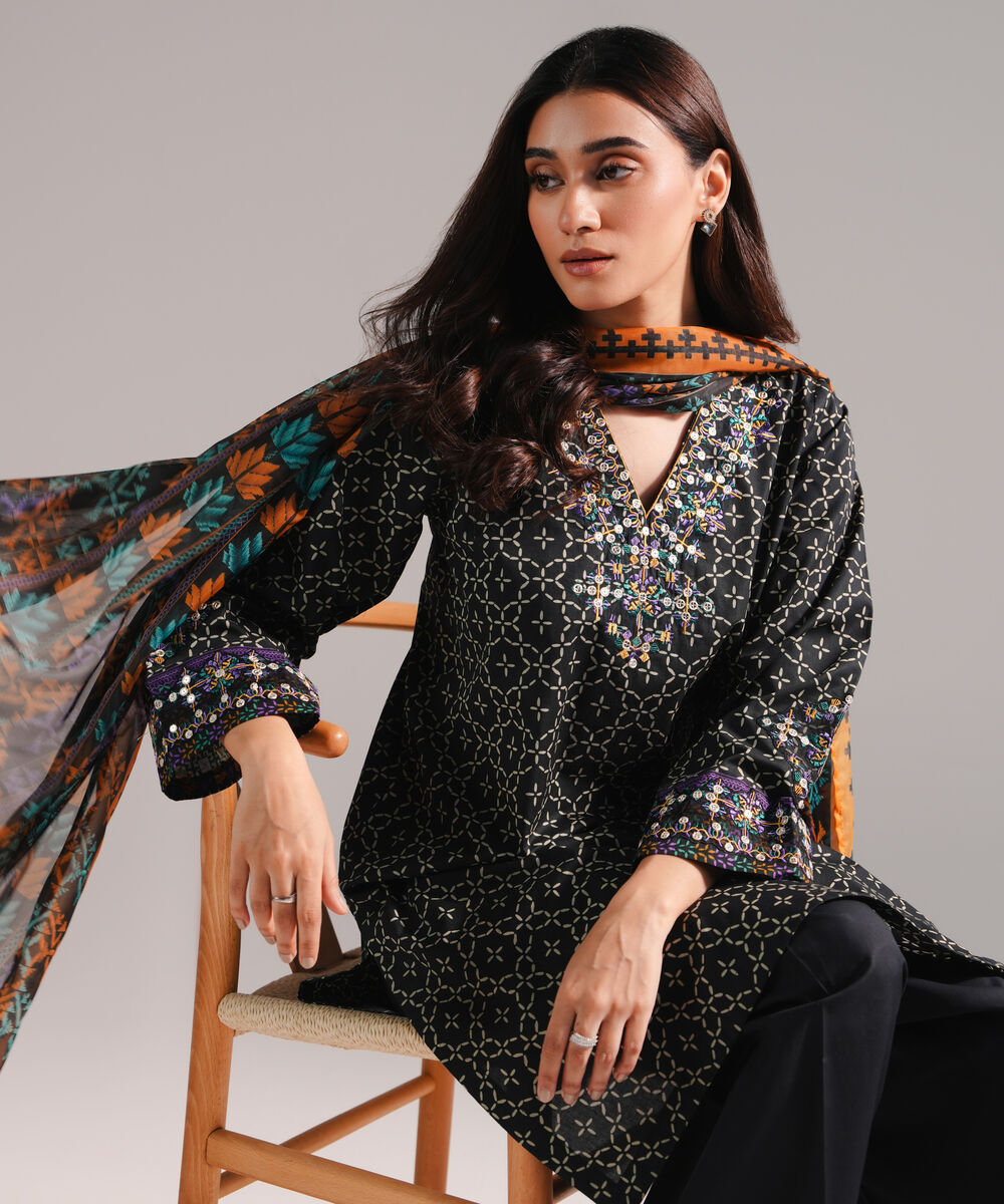 Women's RTW Lawn Printed Black 3 Piece Suit