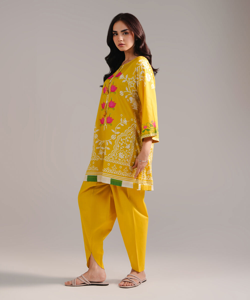 Women's RTW Cambric Printed Yellow Straight Shirt
