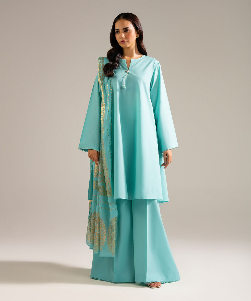Women's RTW Slub Lawn Solid Blue 3 Piece Suit