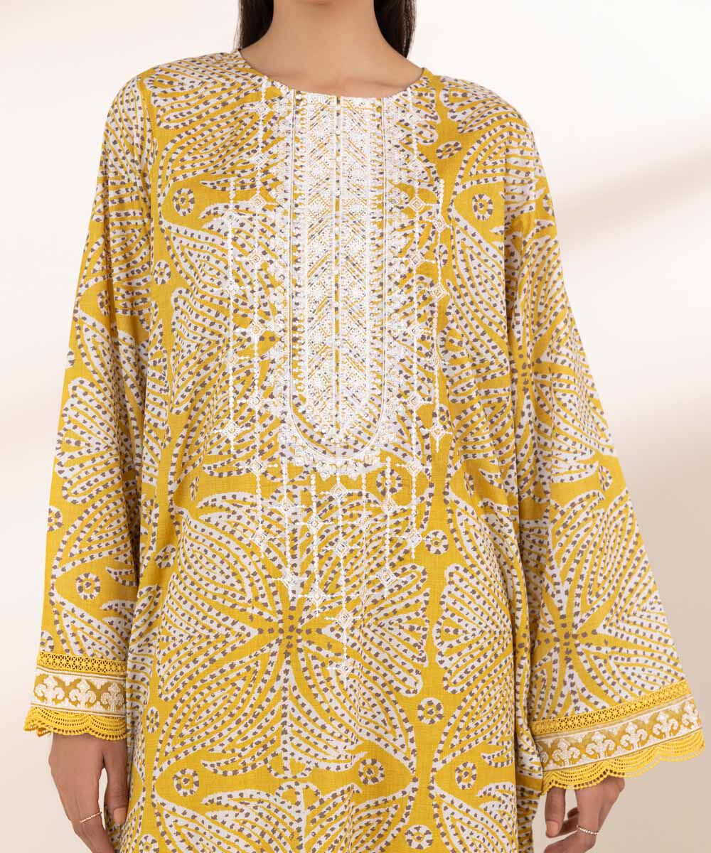 Women's RTW Lawn Yellow Embroidered A-Line Shirt