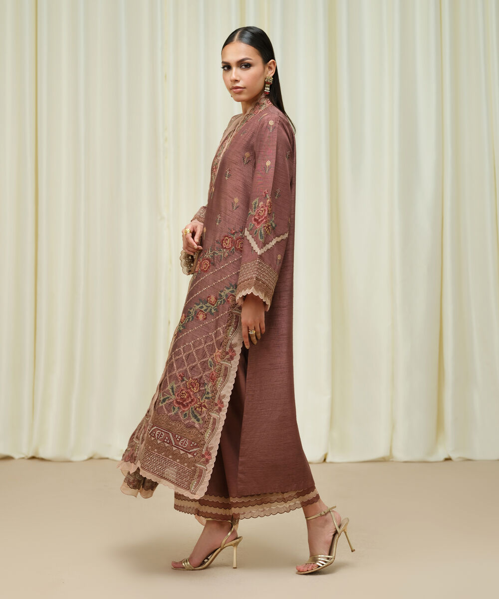 Women's Unstitched Raw Silk Embroidered Brown 3 Piece Suit