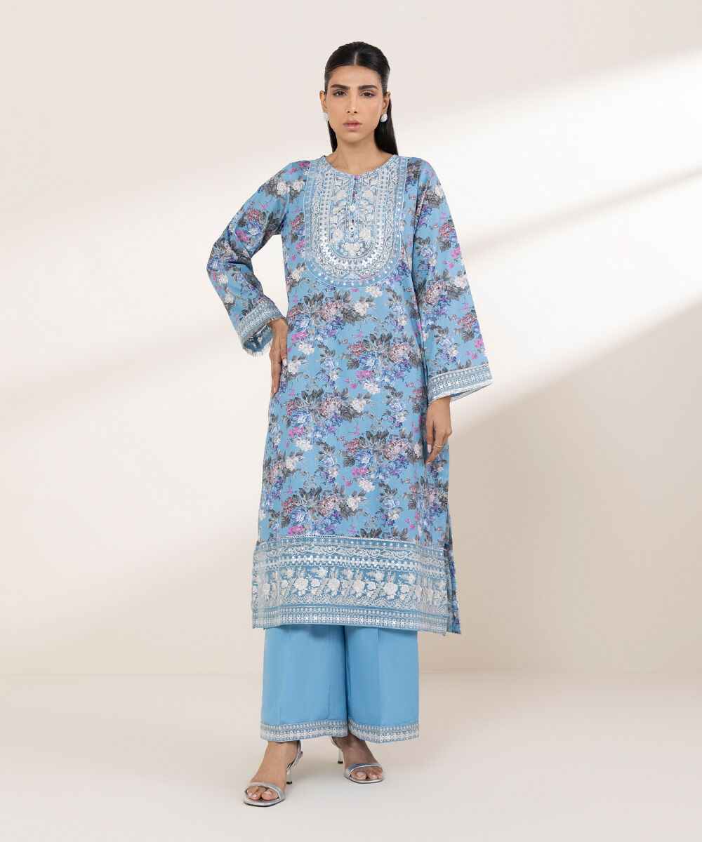 Women's RTW Cotton Satin Blue Embroidered A-Line Shirt