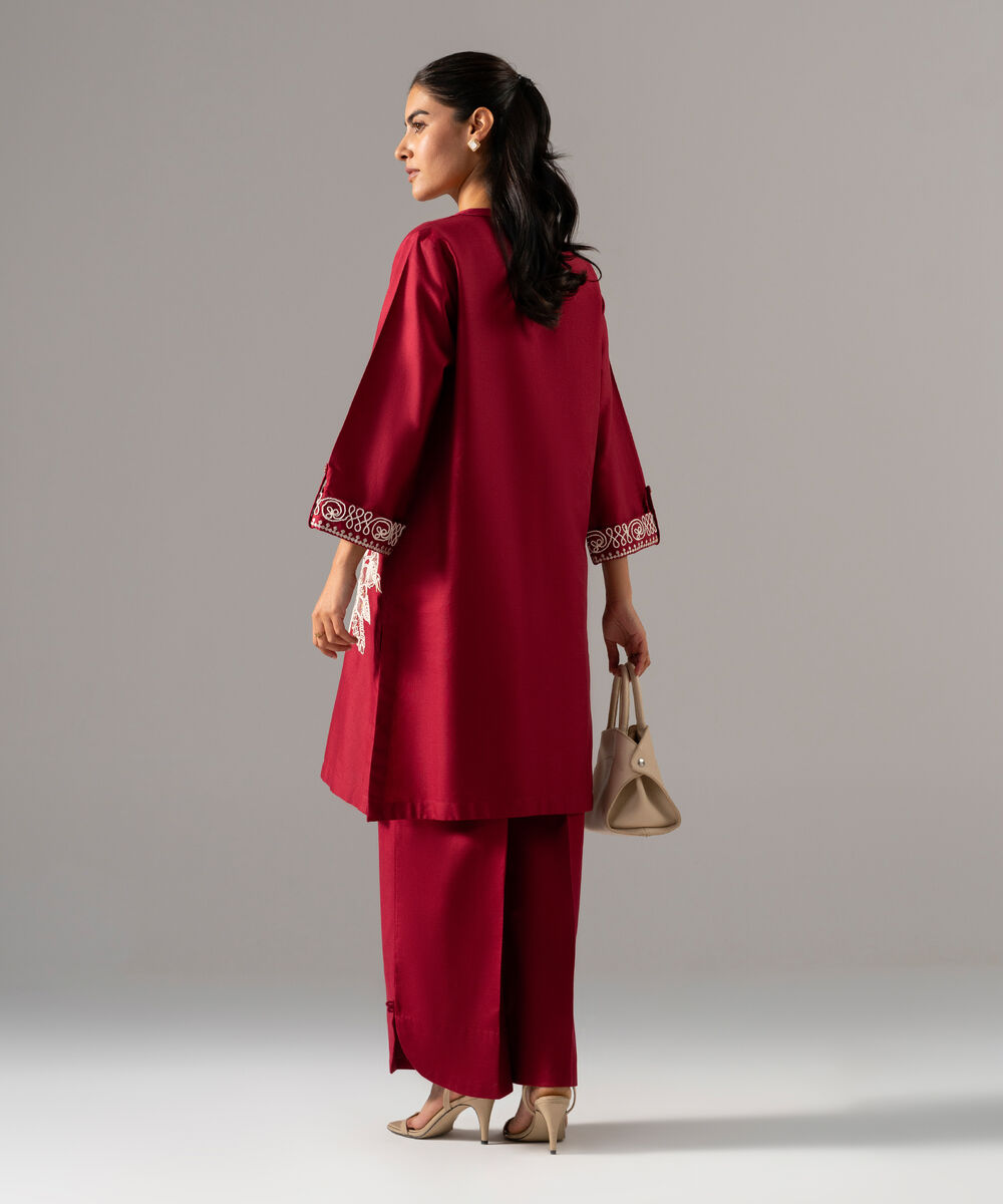 Women's RTW Cotton Linen Embroidered Red 2 Piece Suit