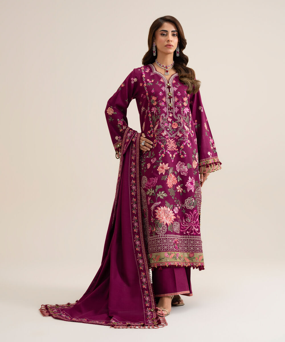 Women's Unstitched Basic Khaddar Embroidered Magenta 3 Piece Suit