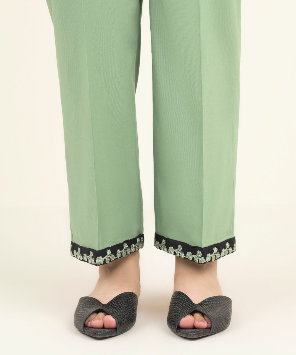 Women's RTW Cambric Embroidered Green Straight Pants