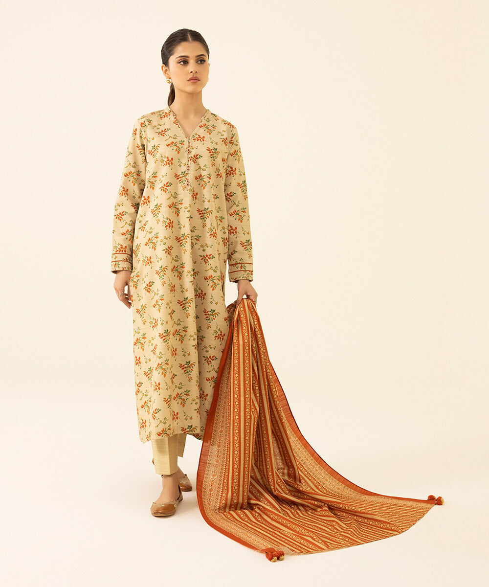 Women's Unstitched Printed Khaddar Beige 3 Piece Suit