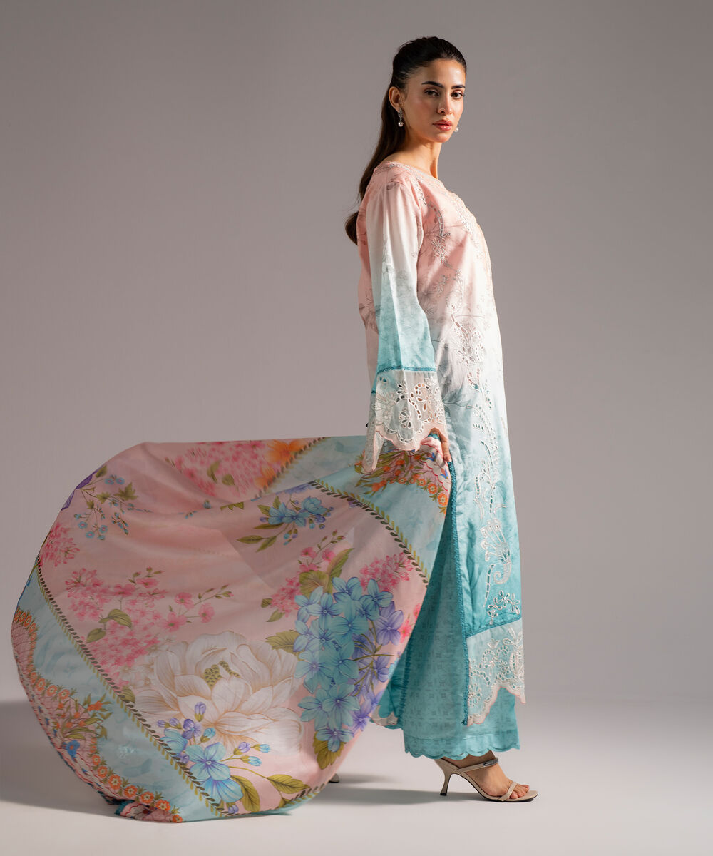 Women's RTW Self Jacquard Embroidered Blue 3 Piece Suit