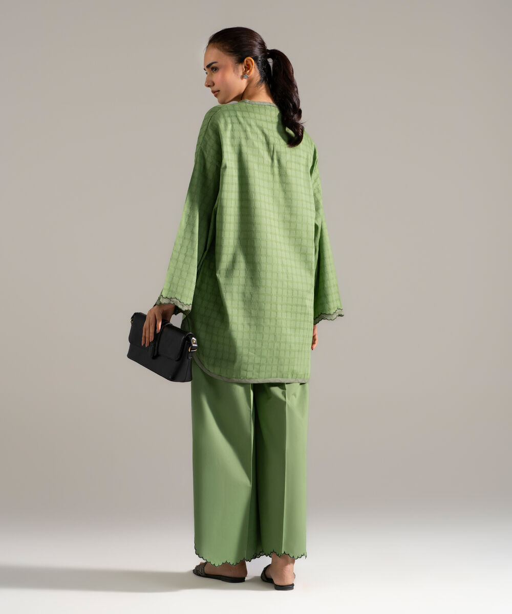 Women's RTW Dobby Printed Green Drop Shoulder Shirt