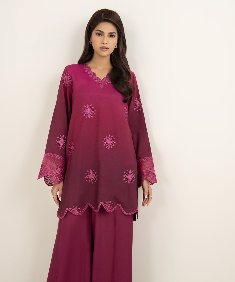 Women's RTW Viscose Raw Silk Embroidered Purple Straight Shirt