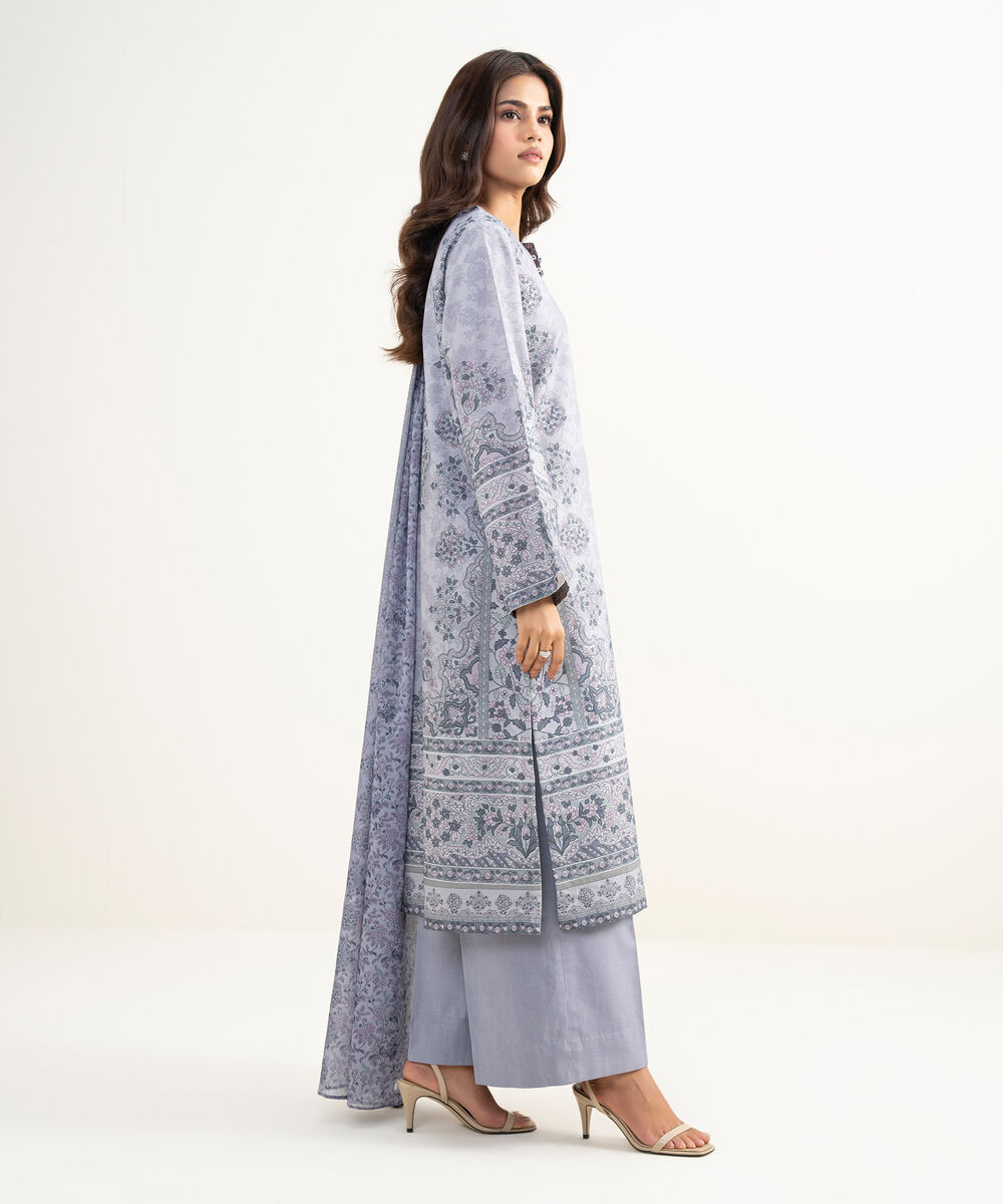 Women's Unstitched Zari Lawn Embroidered Grey 3 Piece Suit