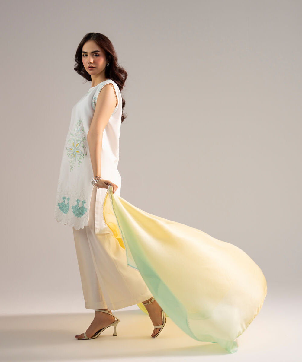 Women's RTW Cotton Satin Embroidered White 2 Piece Suit