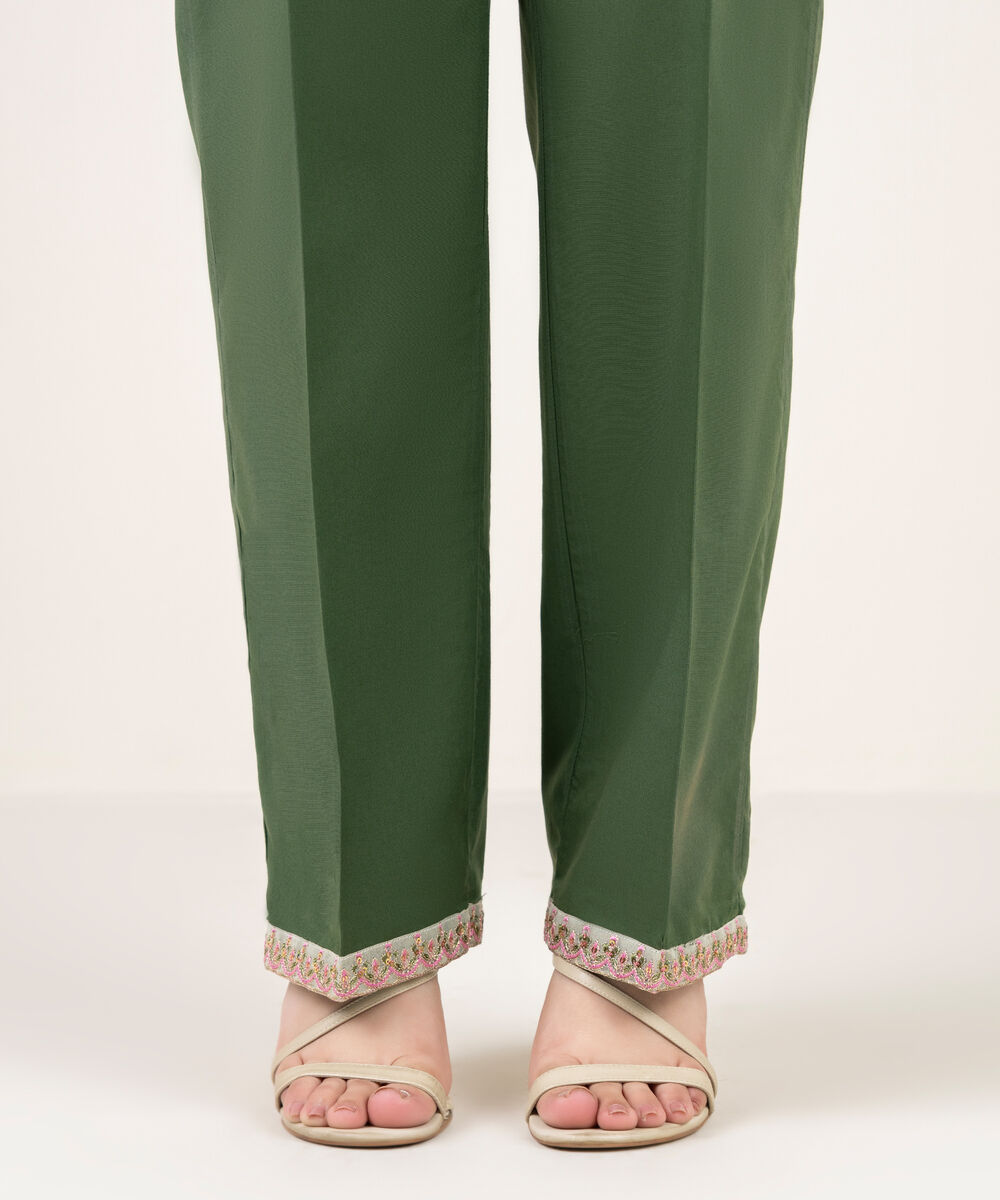 Women's RTW Cambric Embroidered Green Straight Pants