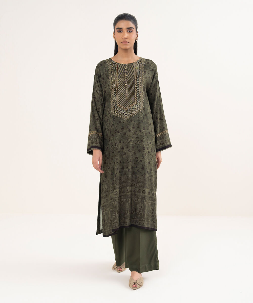 Women's RTW Viscose Linen Printed Green Drop Shoulder Shirt