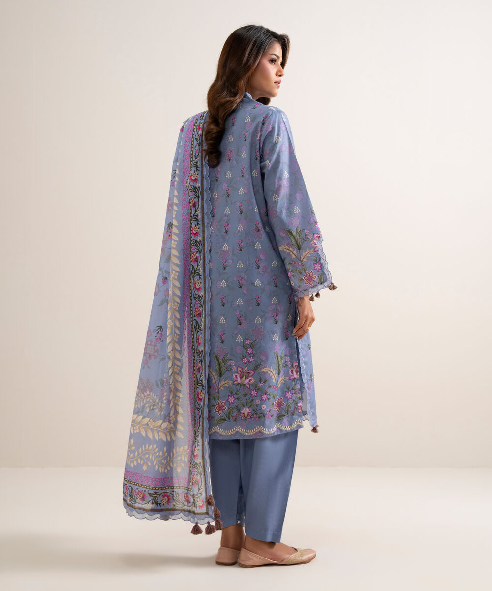 Women's Unstitched Lawn Embroidered Blue 3 Piece Suit