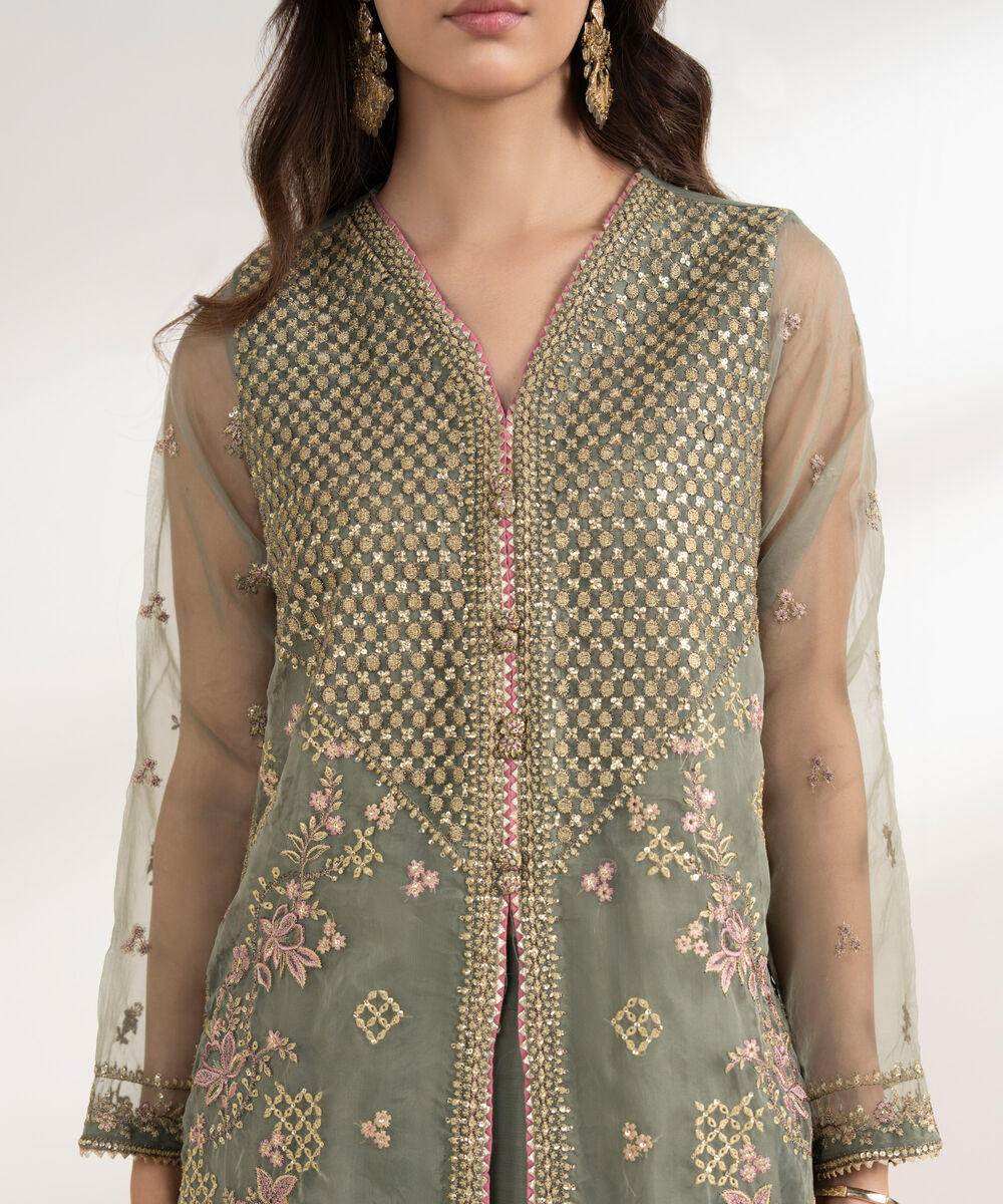 Women's RTW Oraganza Embroidered Green 3 Piece Suit