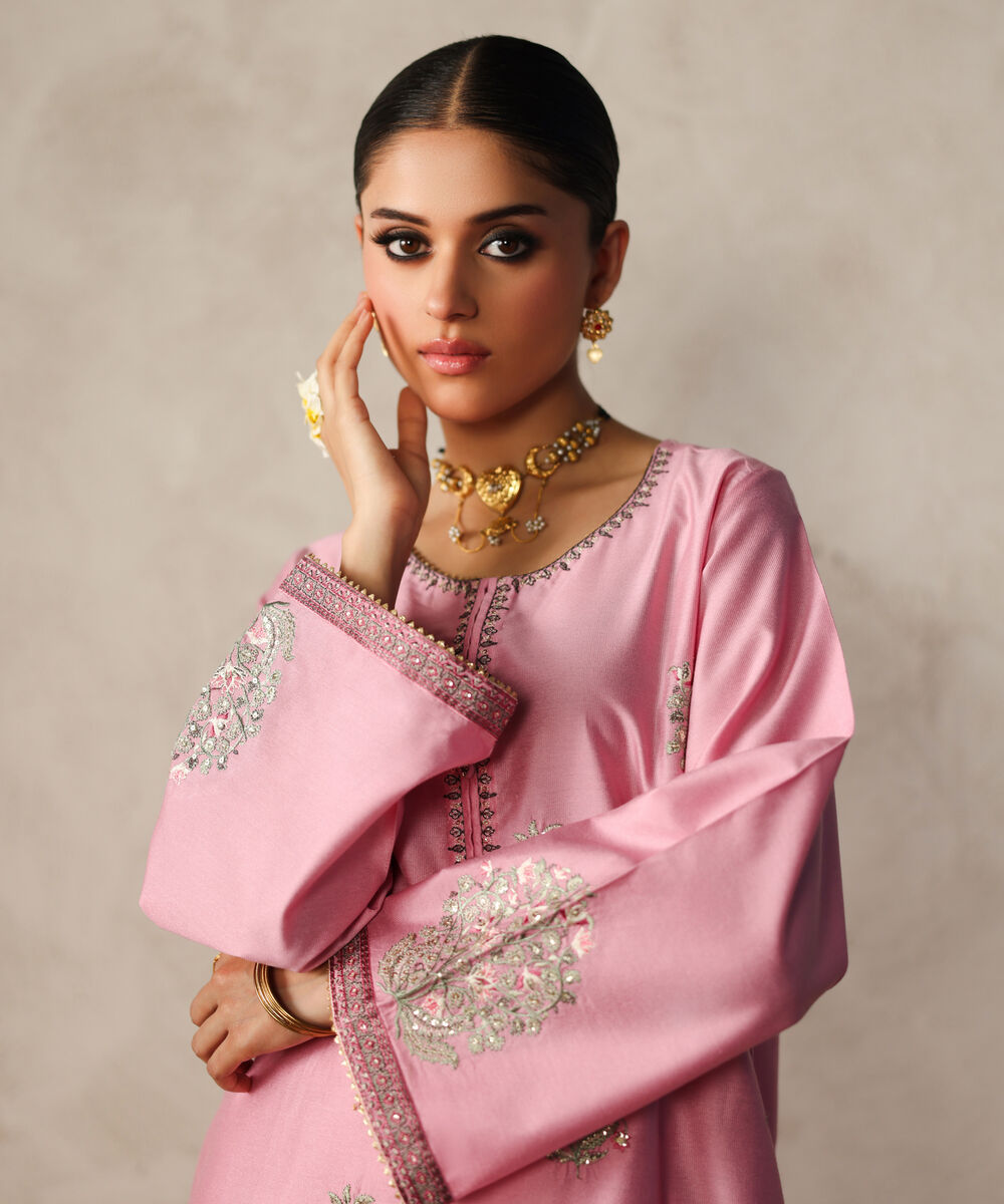 Women's RTW Silk Cotton Net Embroidered Pink 3 Piece Suit
