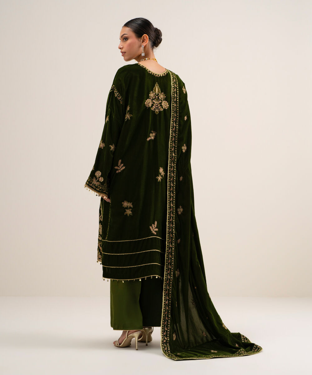 Women's Unstitched Embroidered Velvet Black 3 Piece Suit