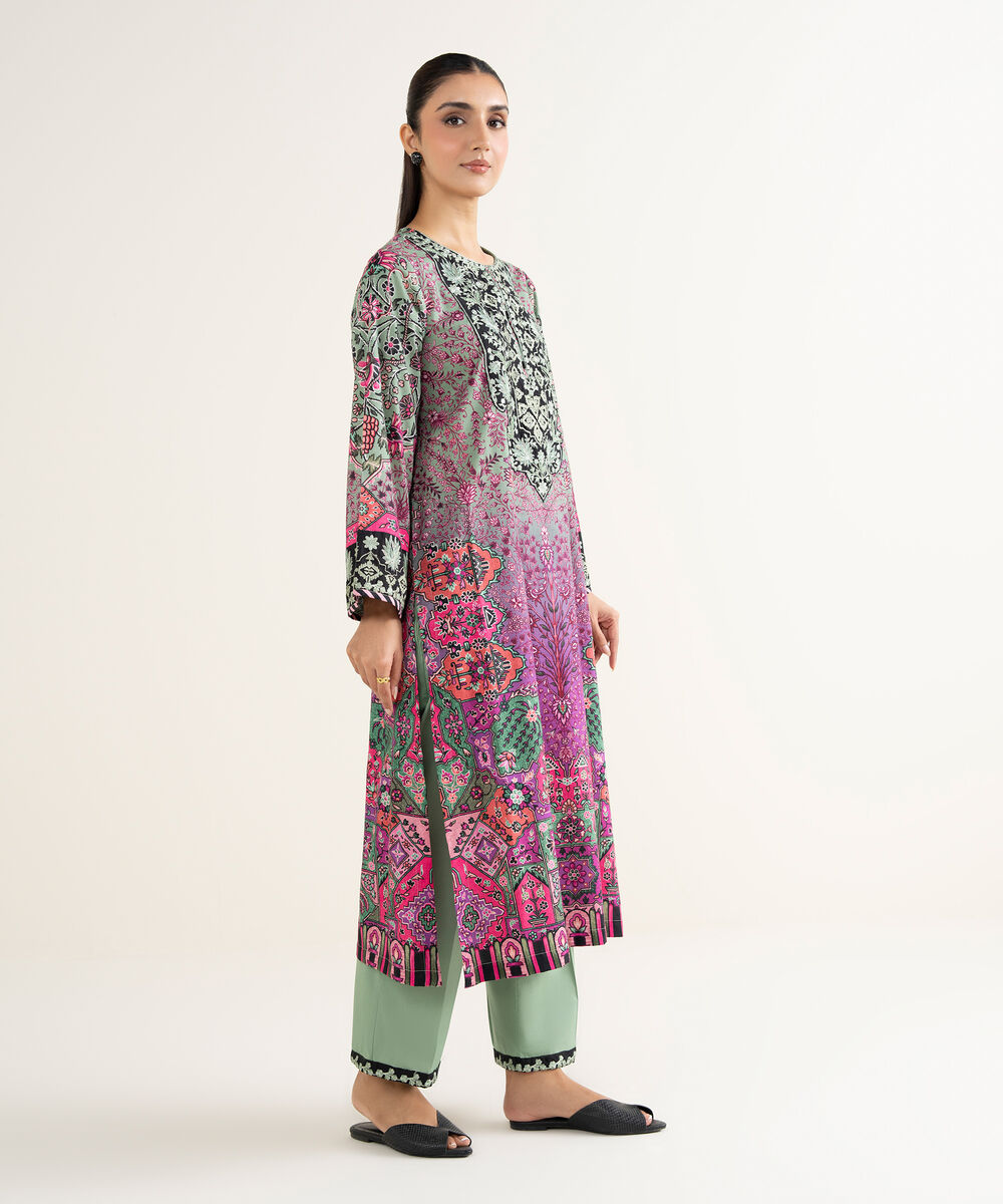 Women's RTW Linen Viscose Embroidered Green A-Line Shirt
