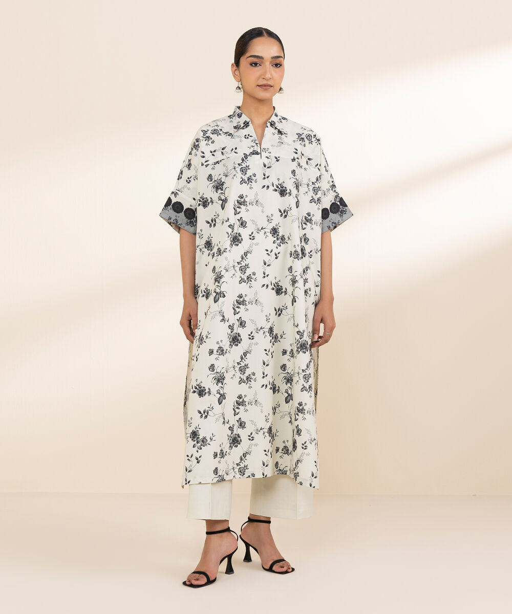 Women's Unstitched Lawn Printed White Shirt