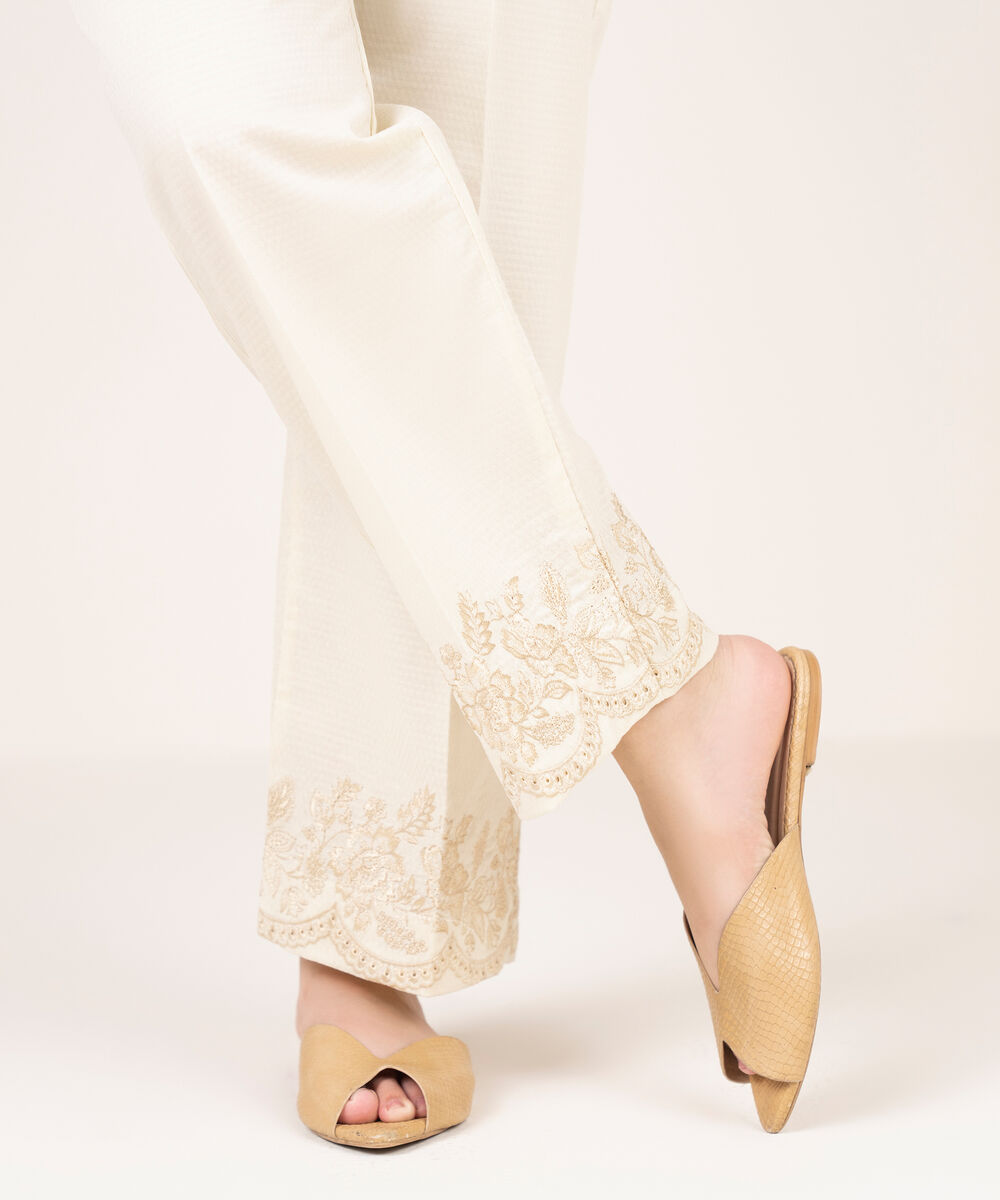Women's RTW Dobby Embroidered Off White Culottes