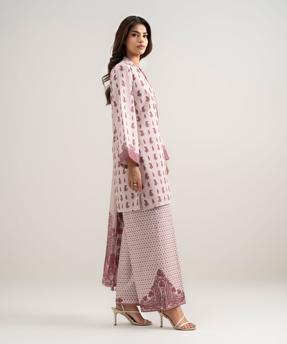 Women's Unstitched Lawn Printed Pink 3 Piece Suit